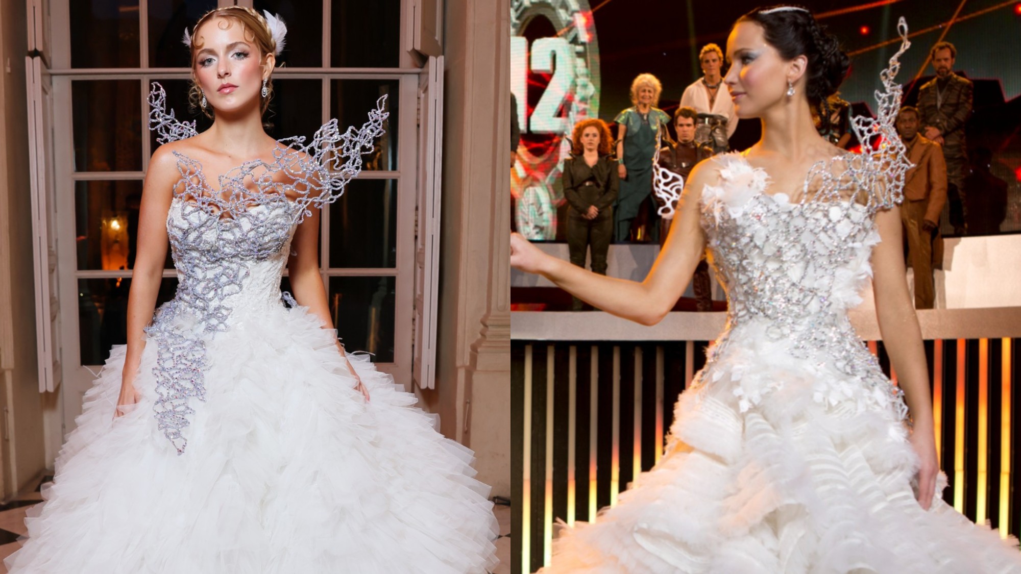 From L to R: A Getty image of Mckenna Grace wearing a white dress at the Elegance Is Authority: The Story, Style, And Power Of Panem at Musee Rodin and a press image of Jennifer Lawrence in Katniss's white dress in Catching Fire.