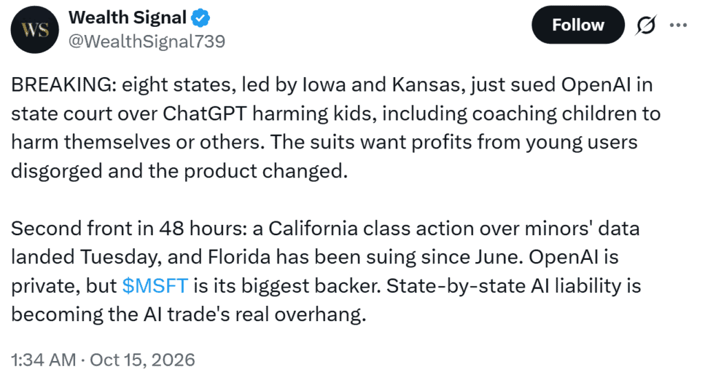 Eight U.S. states sued OpenAI in state courts, alleging ChatGPT encouraged minors toward self-harm and violence