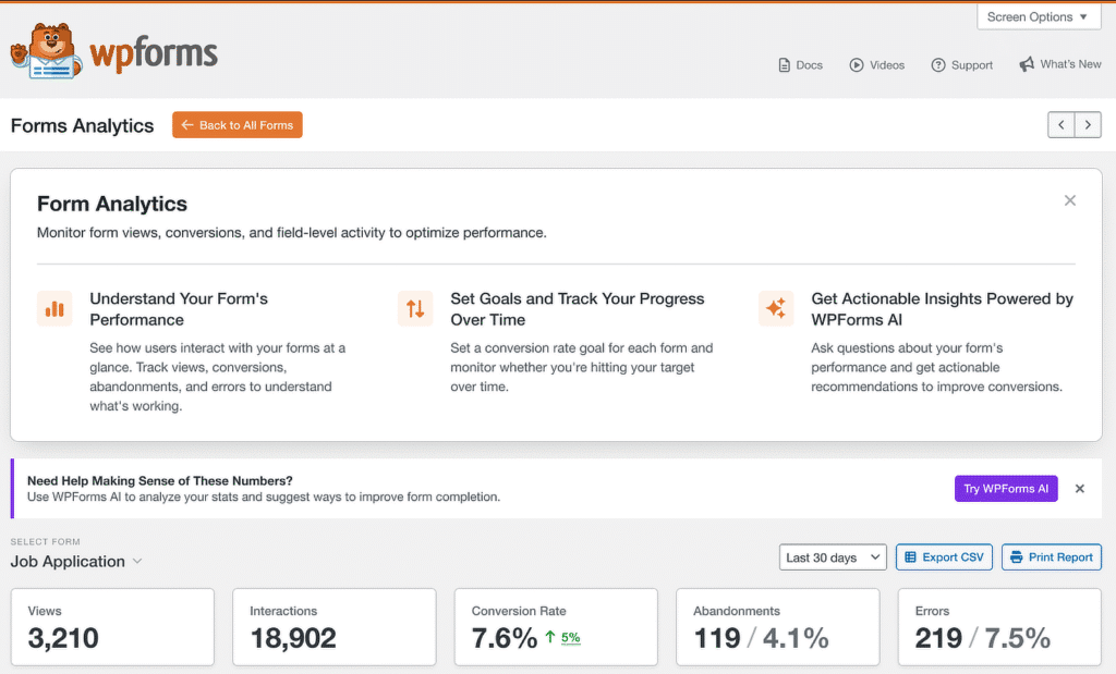 WPForms Forms Analytics dashboard with metrics and three feature cards for performance insights, goals, and actionable AI tips.