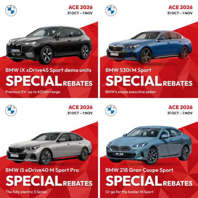 BMW special rebates at ACE 2026 on the iX xDrive45 Sport demo units, 530i M Sport, i5 eDrive40 M Sport Pro and 218 Gran Coupe Sport