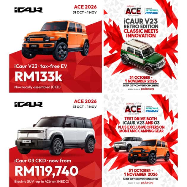 iCaur V23 at RM133k, V23 Retro Edition, iCaur 03 from RM119,740 and V23 and 03 test drives at ACE 2026