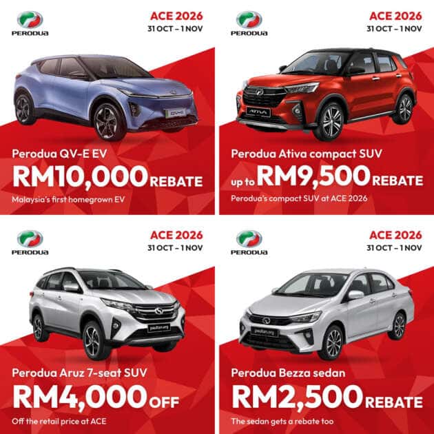 Perodua QV-E, Ativa, Aruz and Bezza rebates at ACE 2026