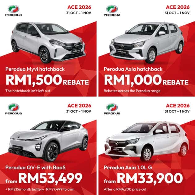 Perodua Myvi and Axia rebates, QV-E from RM53,499 with BaaS and Axia 1.0L G from RM33,900 at ACE 2026