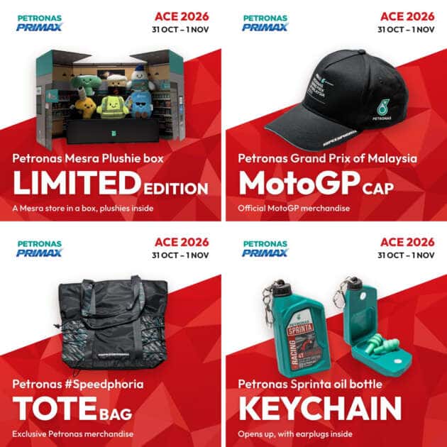 Petronas Primax prizes at ACE 2026: Mesra Plushie box, MotoGP cap, #Speedphoria tote bag, Sprinta keychain