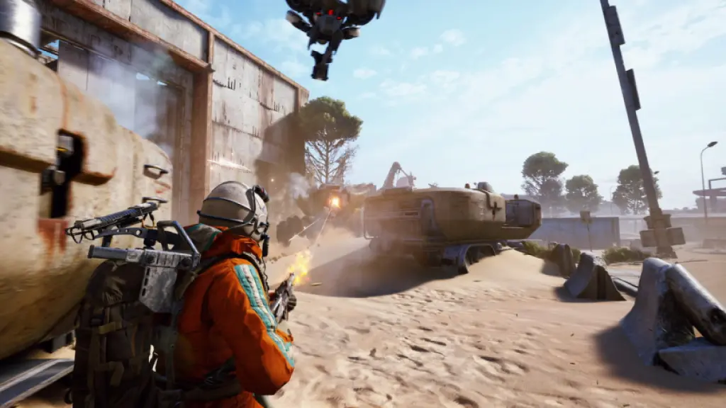 A raider takes on some ARC in Spaceport in ARC Raiders.