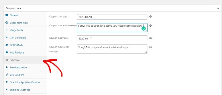 Advanced Coupons Scheduler tab with date/time start and end fields filled in