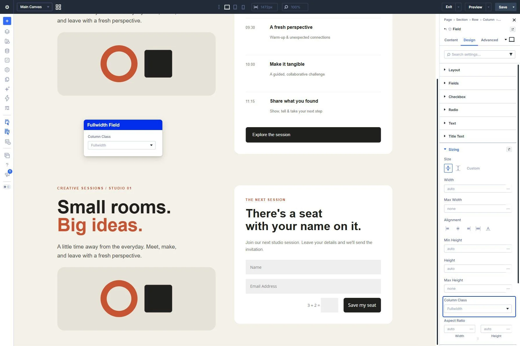 An individual Contact Form Field's Design and Sizing settings with Column Class set to Fullwidth.