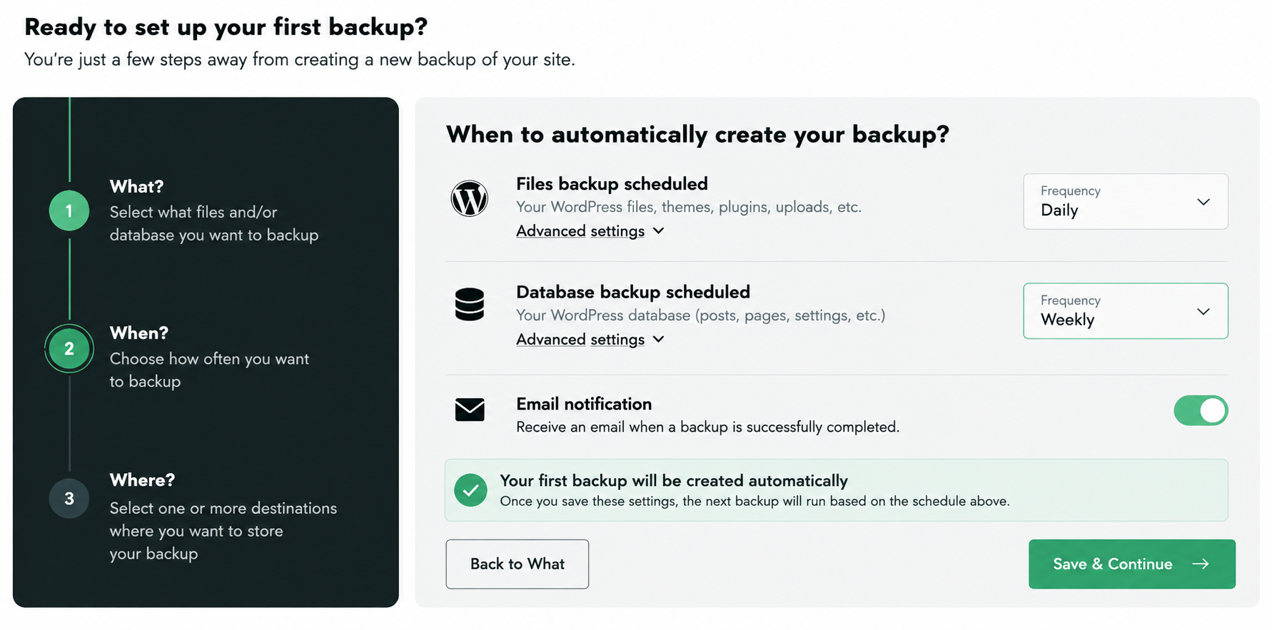 BackWPup makes it easy to configure automatic WordPress backups, with separate schedules for website files and databases - Source: backwpup