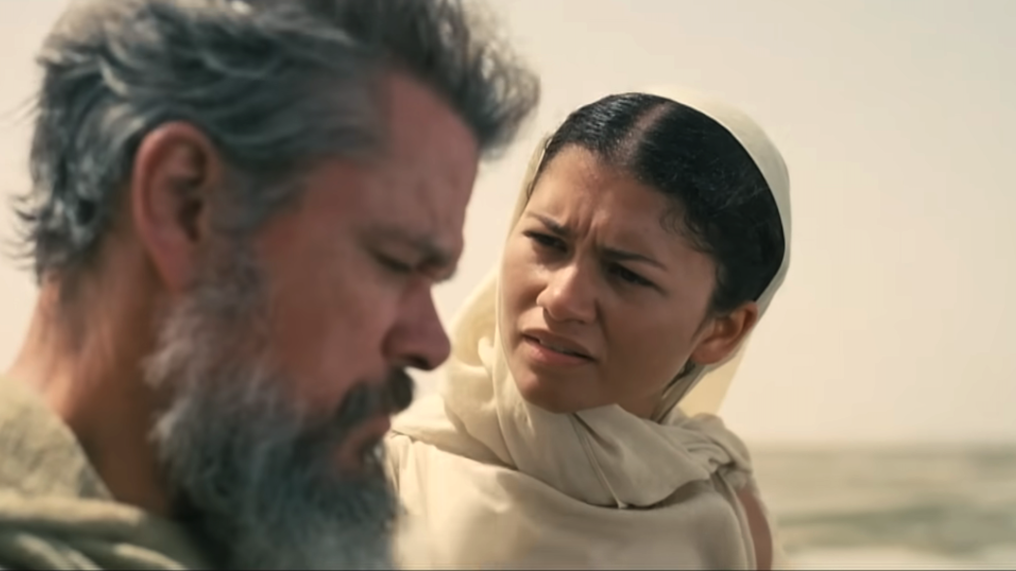 A screenshot of Zendaya's Athena talking to Matt Damon's Odysseus in The Odyssey