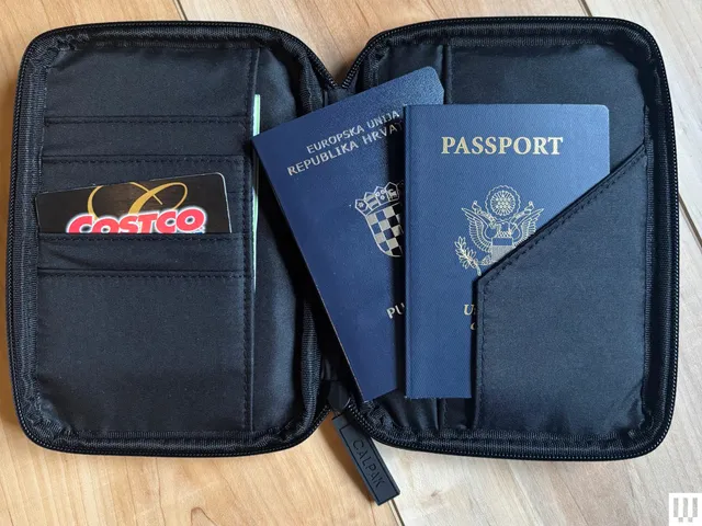 Small zippered pouch open to show passports in the inner pockets