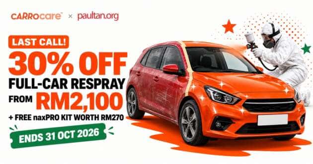 Carro Care body and paint promo: 30% off full-car respray from RM2,100, free naxPRO kit, ends October 31, 2026