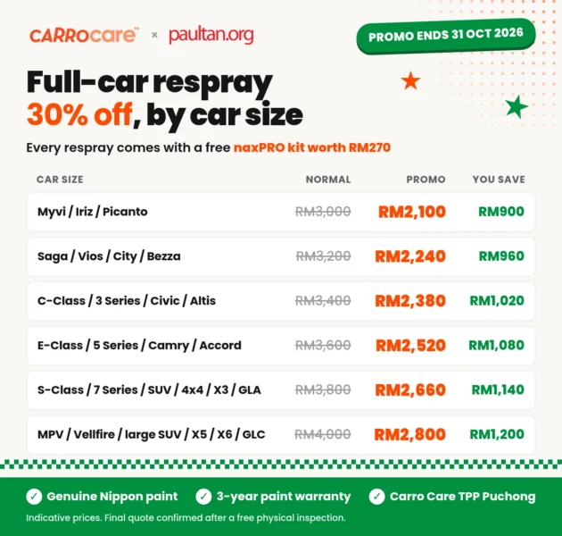 Carro Care full-car respray promo prices by car size, from RM2,100 to RM2,800