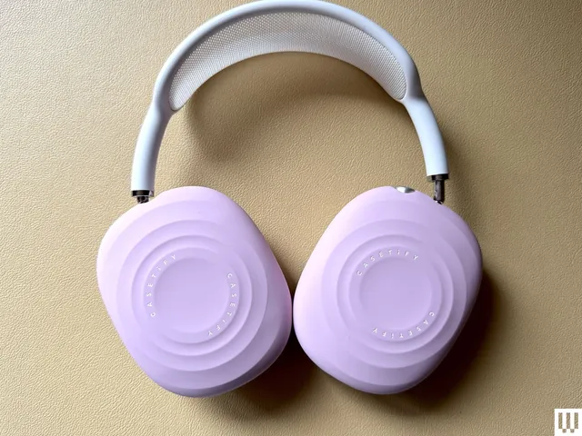 Over-the-ear headphones with purple ripples shell cover and white head band 
