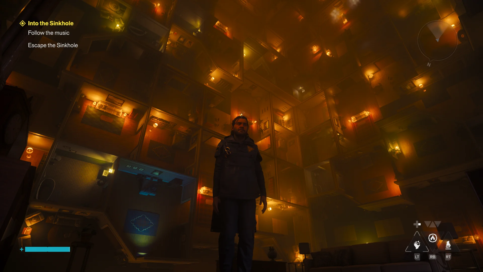 Dylan stands in front of a wall of open apartment rooms in Control Resonant's Sinkhole area.