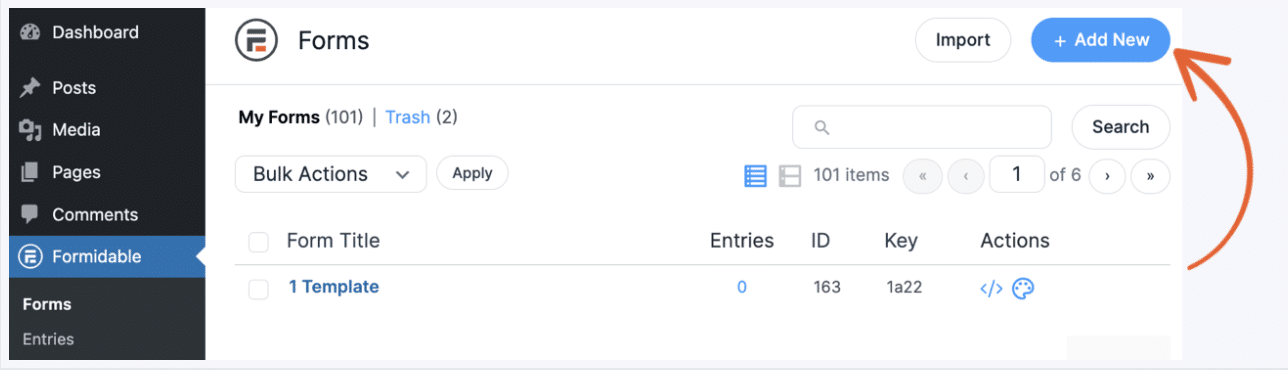 Dashboard view of the 'Forms' section within the ACF Form Builder with a red arrow pointing to the '+ Add New' button, suggesting the action to create a new form, and visible tabs for 'My Forms' and 'Trash' with '101 items' listed.