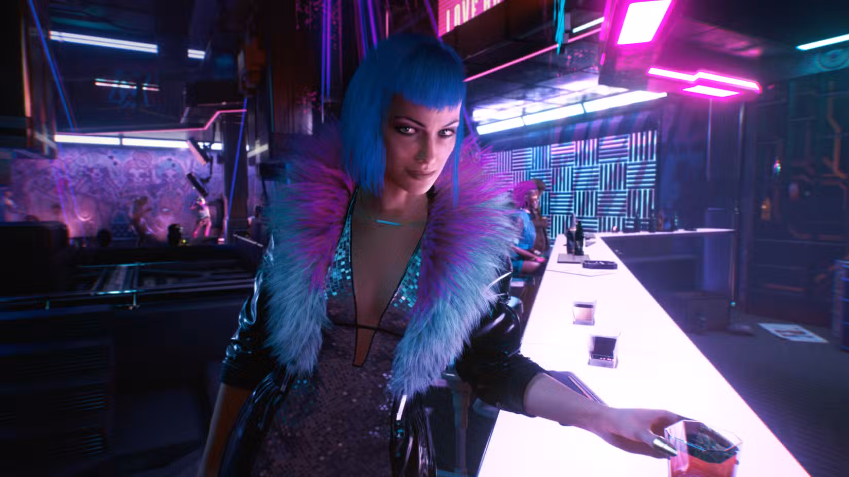 A woman in a bar in Cyberpunk 2077