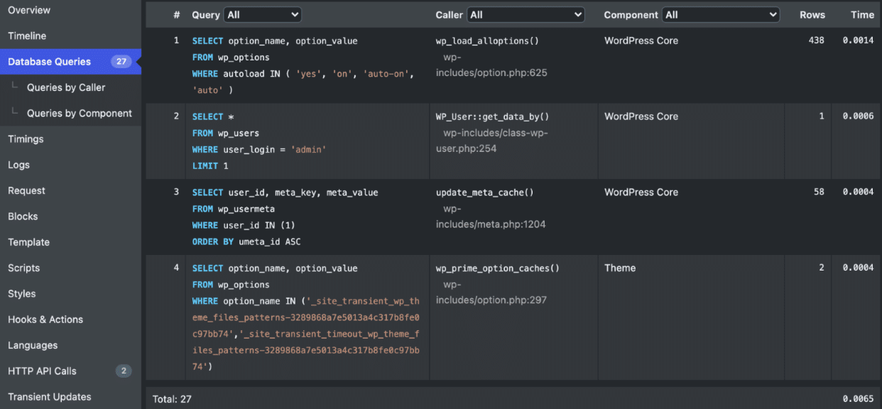 Database Queries: Useful for spotting plugins that place a heavy load on your database - Source:  Query Monitor