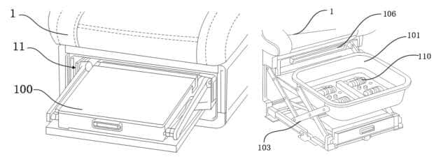Drawings from Deepal's patent showing the foot bath stowed under the seat and deployed