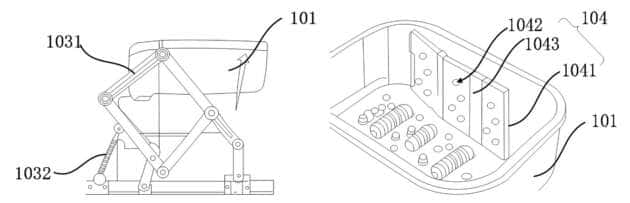 Drawings of the foot bath's scissor linkage and anti-slosh divider from Deepal's patent