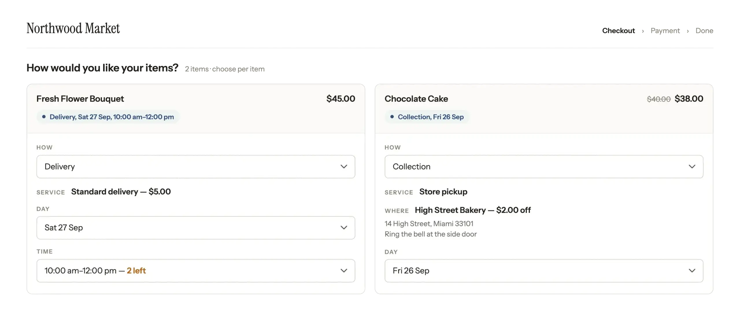 Customers choose delivery or collection for each product, right at checkout