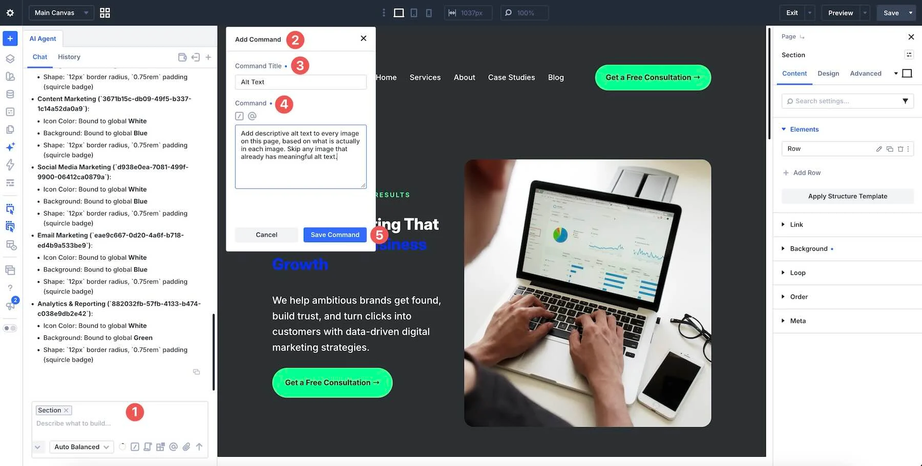 Saved Commands in the Divi AI agents panel