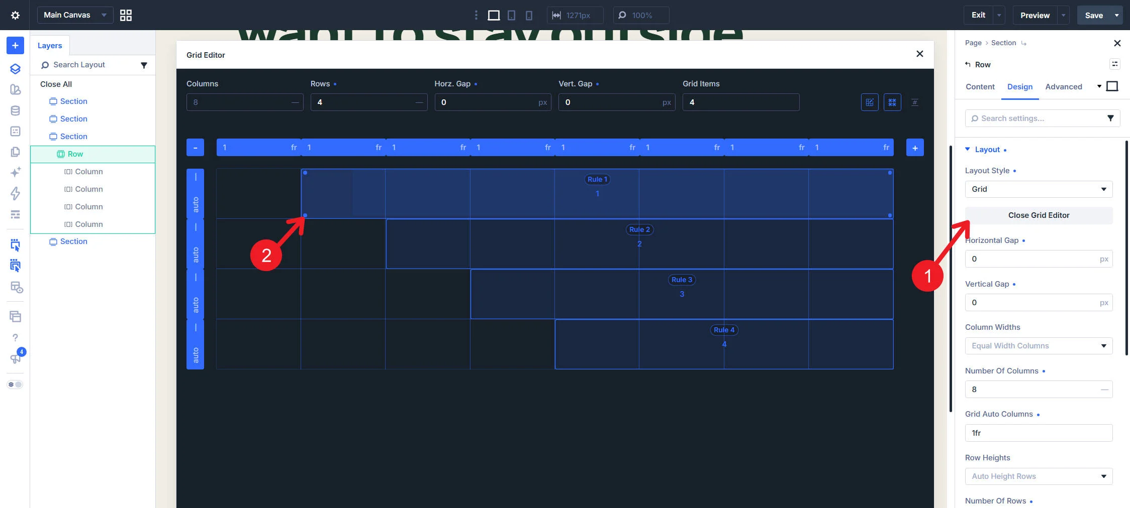 The CSS Grid Editor showing four cards arranged in a stepped composition