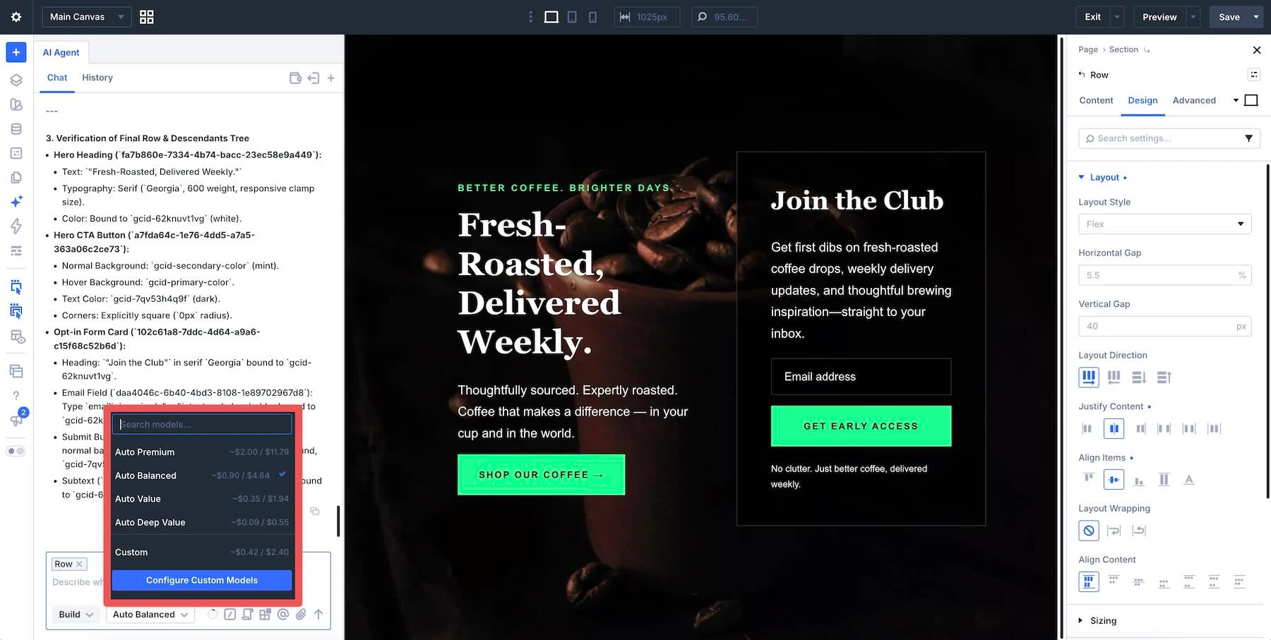 Model selection options in Divi AI agents