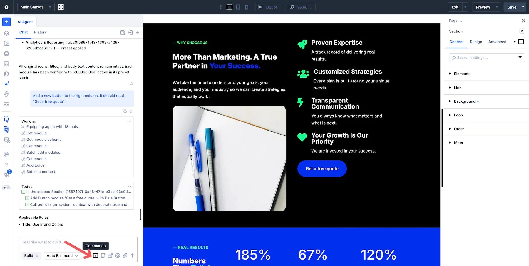 Commands icon in the Divi AI agents panel