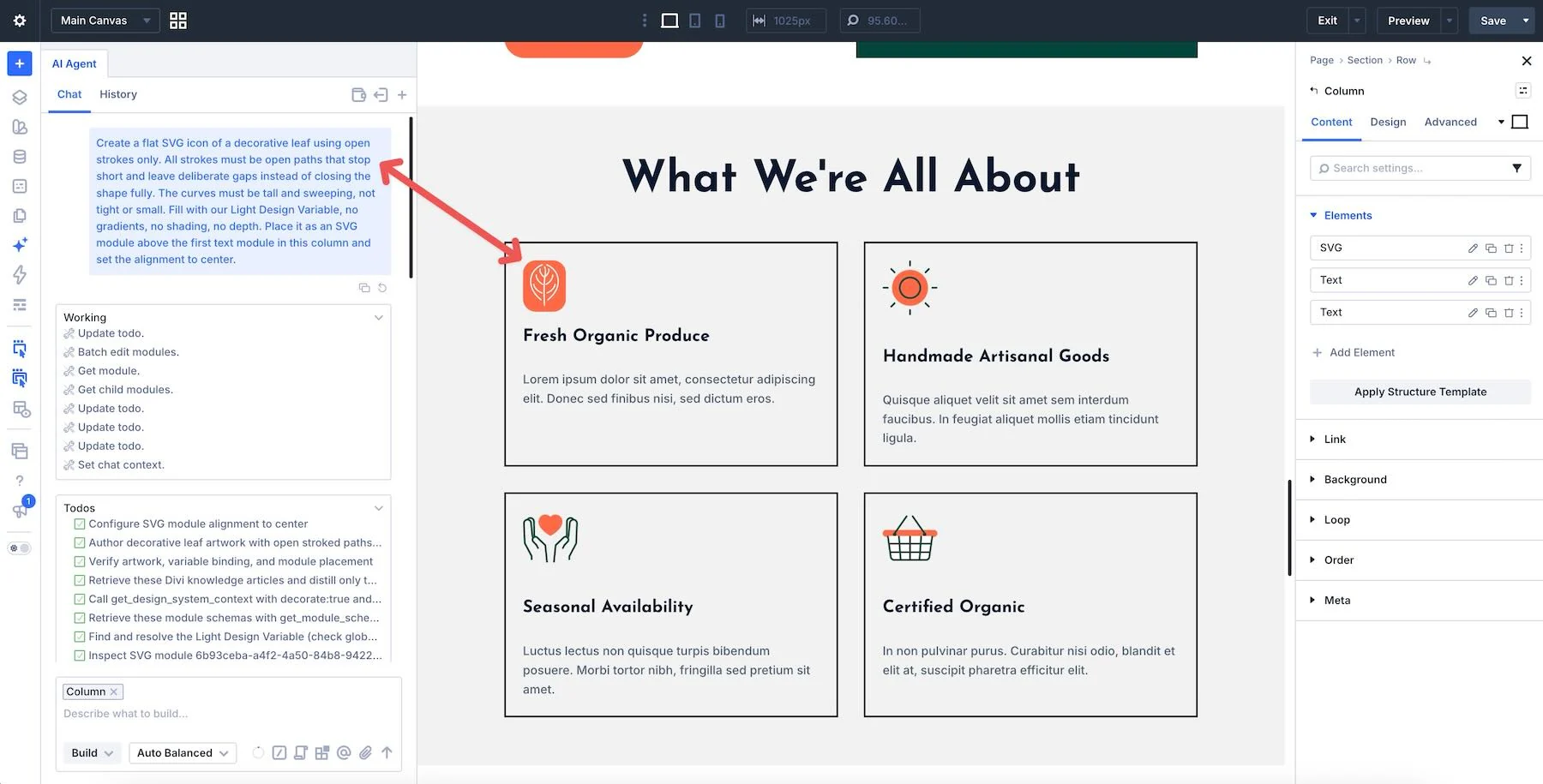 A detailed SVG creation request in Divi AI Agents