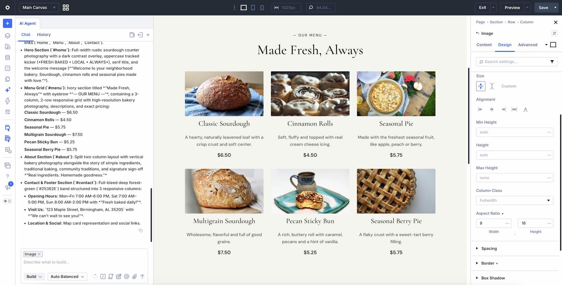 Bakery homepage generated by Divi AI agents from the initial prompt