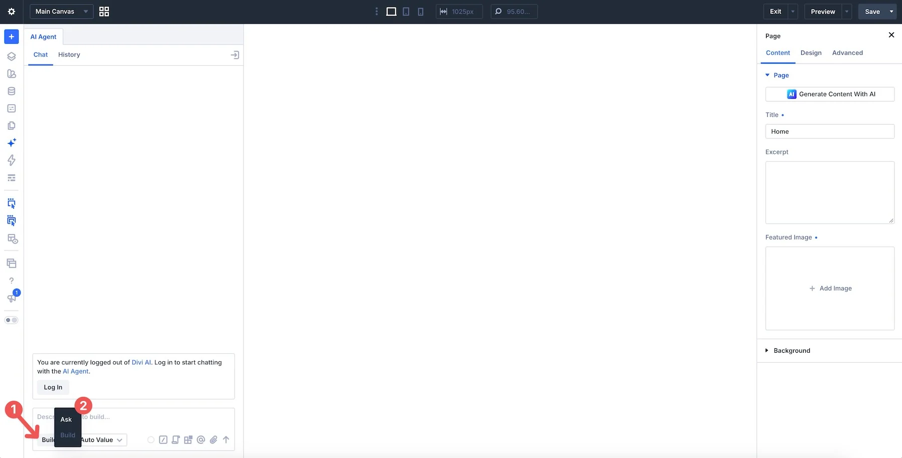 Selecting Ask or Build mode in Divi AI Agents