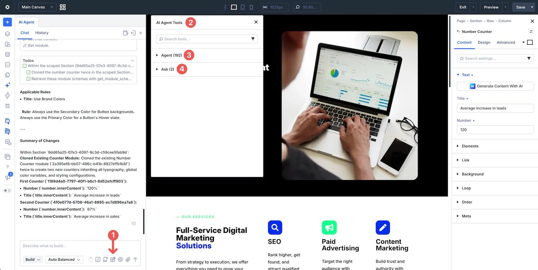 Tools catalog in the Divi AI agents interface