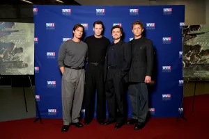 NEW ORLEANS, LOUISIANA - OCTOBER 15: (L-R) Nicholas Galitzine, Bill Skarsgård, Ray Nicholson and Tom Francis attend THE MOSQUITO BOWL Special Screening at the National WWII Museum on October 15, 2026 in New Orleans, Louisiana. (Photo by Erika Goldring/Getty Images for Netflix)