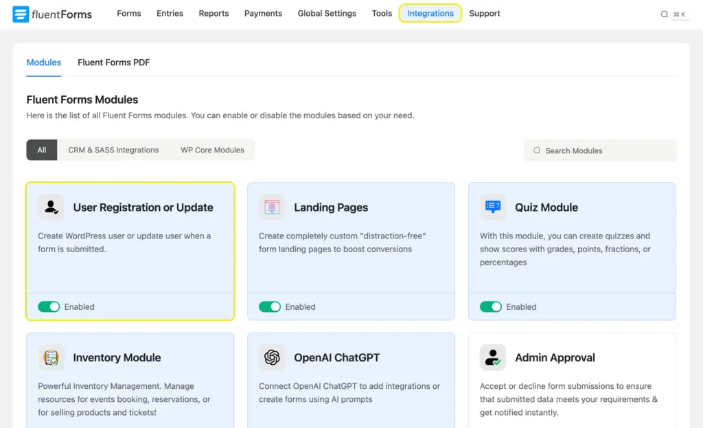 User Registration or Update module toggled on in Fluent Forms Integrations ><noscript><img loading=
