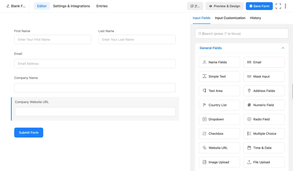 Fluent Forms input fields panel used to add fields to a webinar registration form