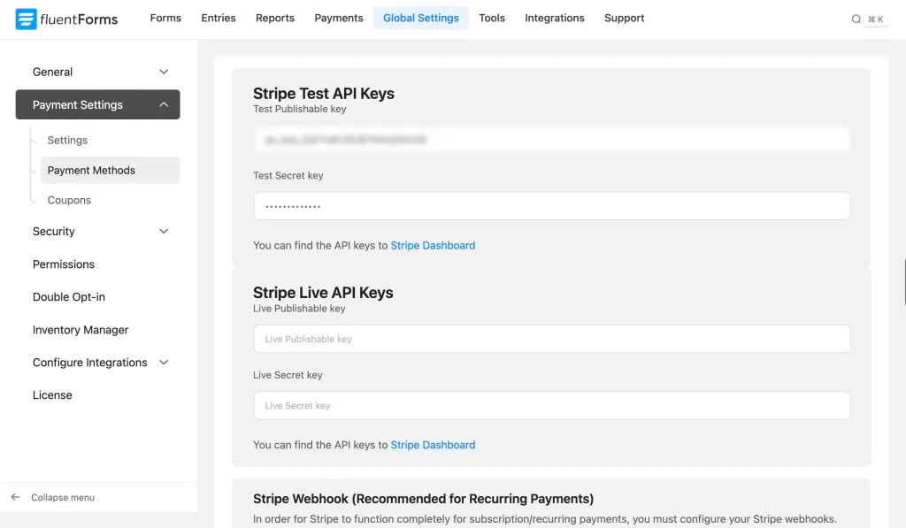 Stripe test and live API key fields in Fluent Forms Global Settings ><noscript><img loading=