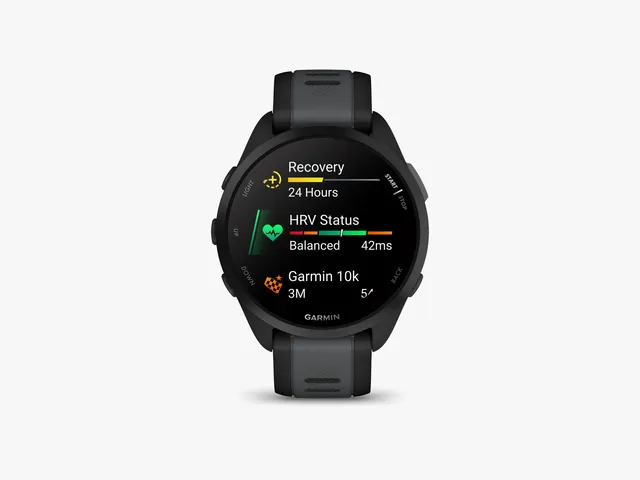 Digital wristwatch with screen showing stats for recovery, HRV and distance covered, on red rubber background