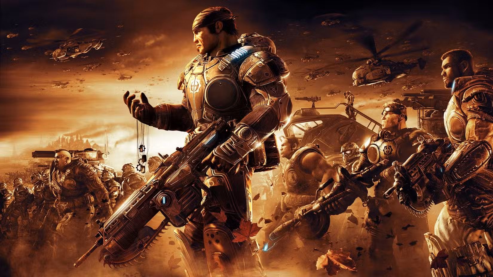 Key art for Gears of War 2 with Marcus Fenix holding a bunch of dog tags in front of an army of soldiers
