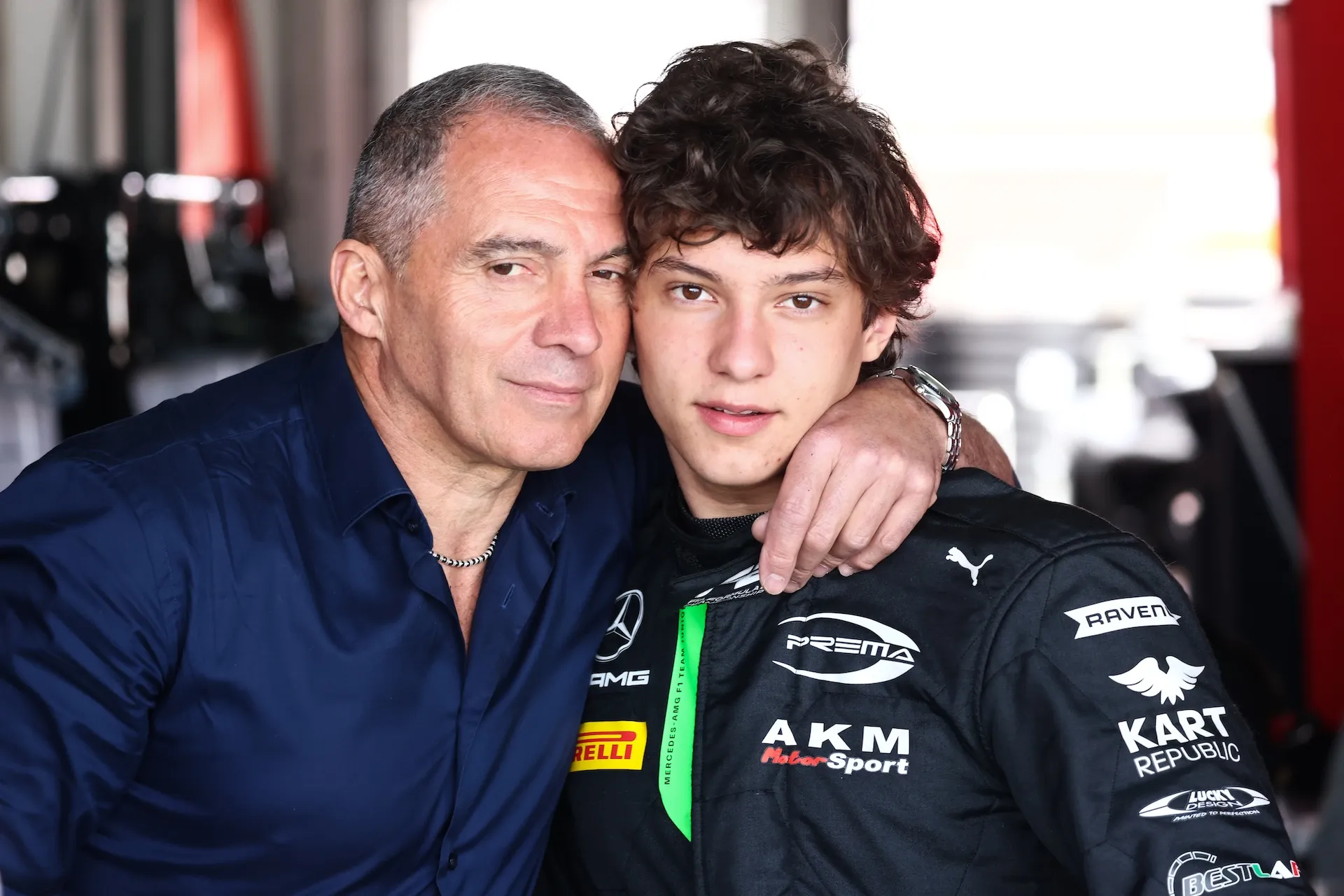 Marco Antonelli and Andrea Kimi Antonelli before the Formula 2 Round Feature Race at Sakhir Circuit in Sakhir, Bahrain on March 2, 2024. (Photo by Jakub Porzycki/NurPhoto)