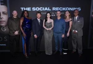 NEW YORK, NEW YORK - OCTOBER 04: (L-R) Bill Burr, Wunmi Mosaku, Jeremy Allen White, Mikey Madison, Jeremy Strong, Betty Gilpin and Aaron Sorkin attend the Social Reckoning world premiere at Regal Union Square on October 04, 2026 in New York City.  (Photo by Sean Zanni/Getty Images for Sony Pictures Entertainment)