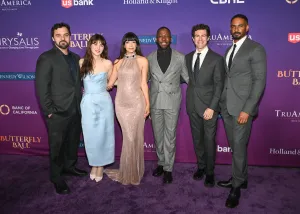 Jake Johnson, Zooey Deschanel, Hannah Simone, Lamorne Morris, Max Greenfield and Damon Wayans Jr. at the 2026 Chrysalis Butterfly Ball held at The Beehive on October 10, 2026 in Los Angeles, California. (Photo by Michael Buckner/Variety via Getty Images)