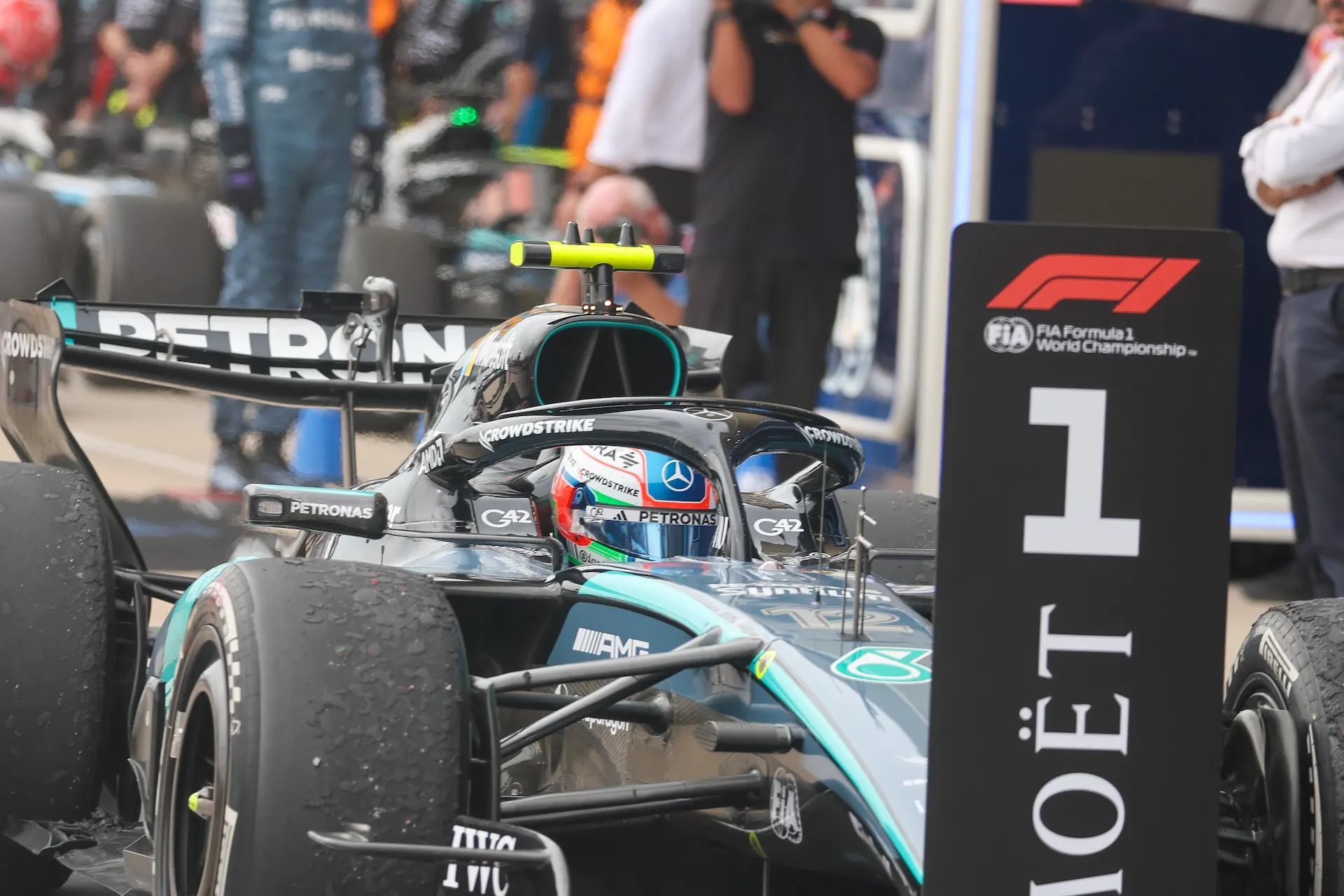 AUSTIN, TX - OCTOBER 25: Andrea Kimi Antonelli (12) of Italy and Mercedes-AMG PETRONAS Formula One Team drives his car to the podum after winning the the Formula 1 MSC Cruises United States Grand Prix on October 25, 2026, at Circuit of The Americas in Austin, Texas.(Photo by Adam Davis/Icon Sportswire via Getty Images)