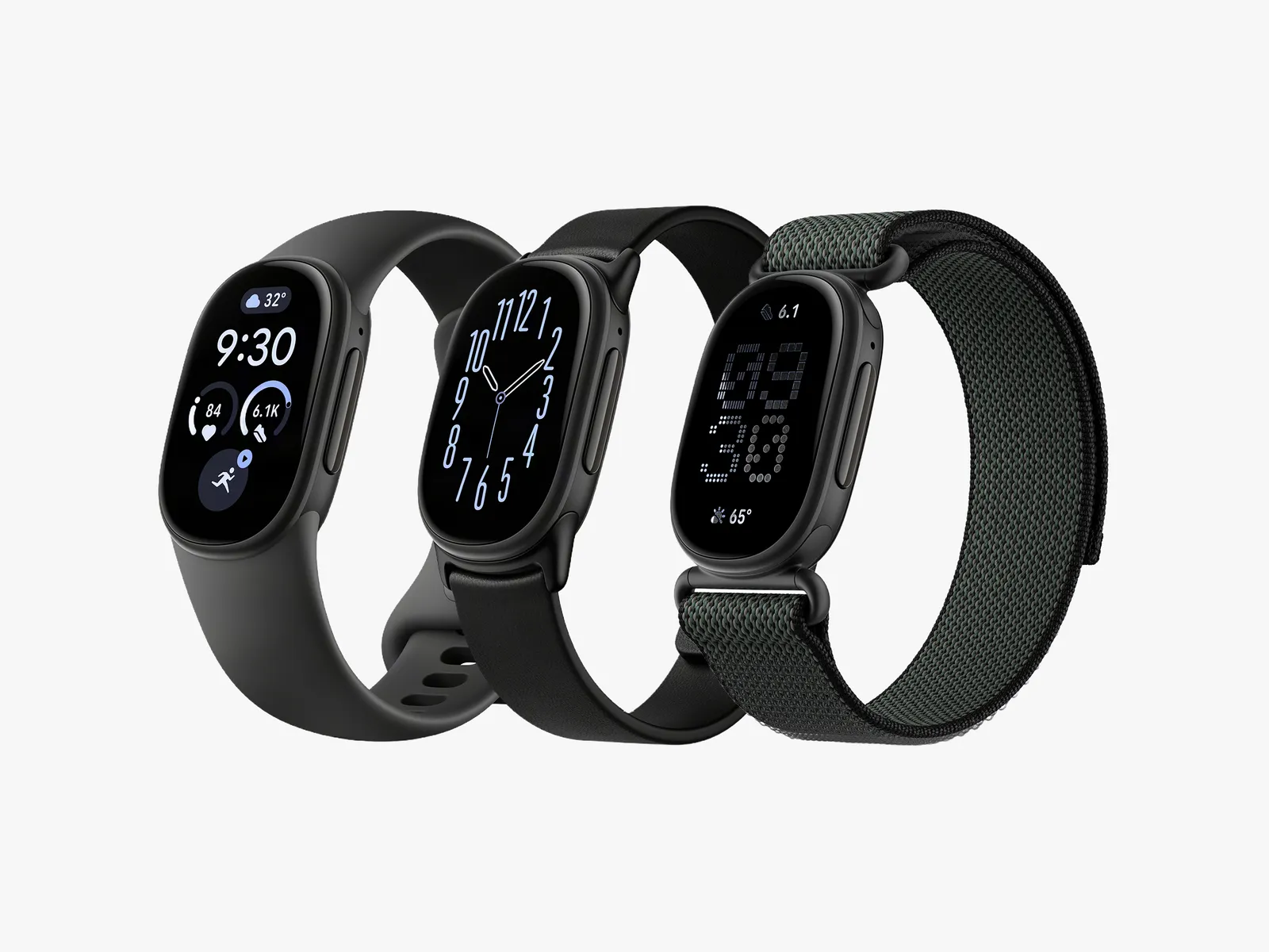 Three black smartwatches with different wristbands