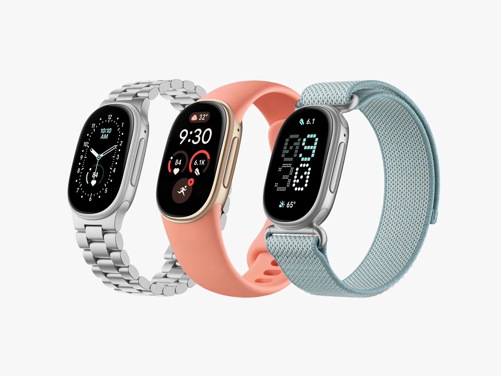 3 versions of the same smartwatch showing with different wristbands