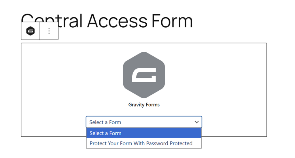 Gravity Forms block displaying the form selector