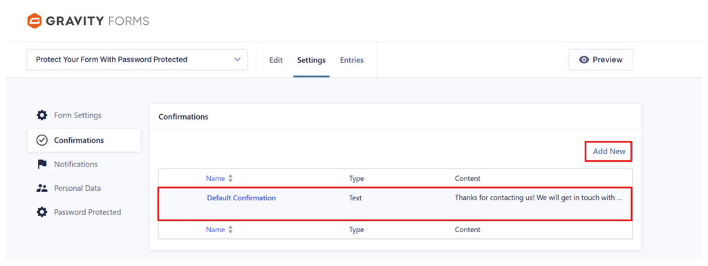 Gravity Forms confirmation settings with Add New button