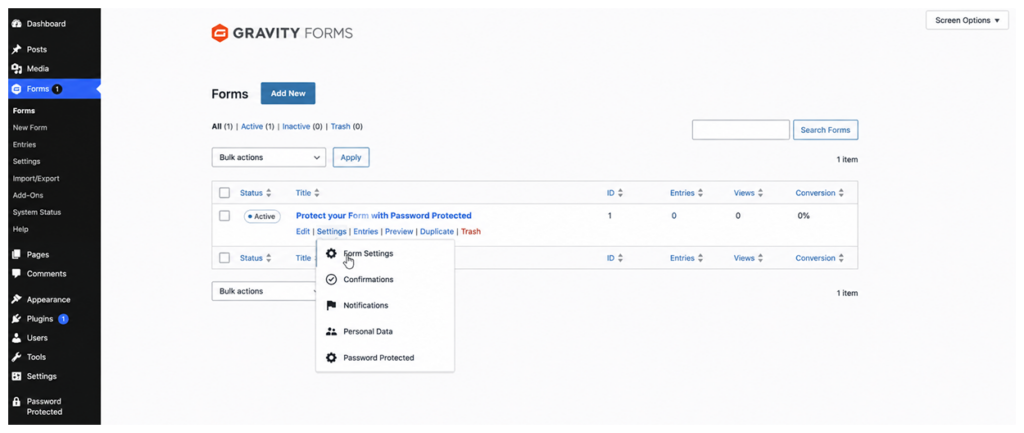 Gravity Forms dashboard showing the Form Settings option