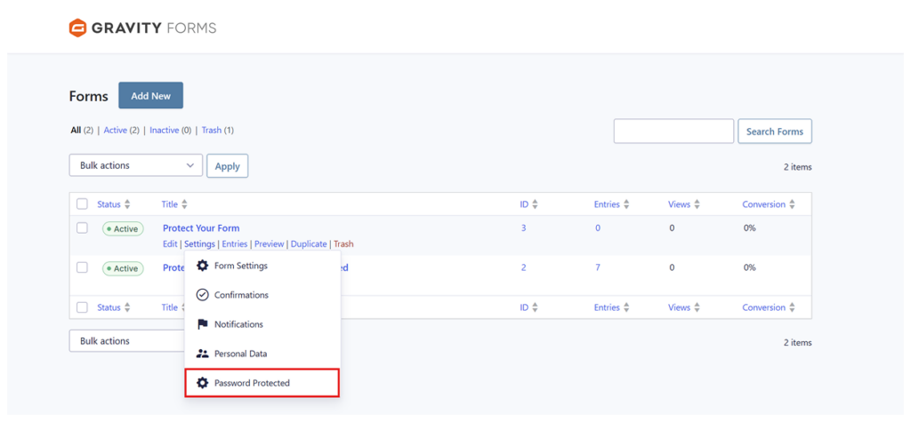 Gravity Forms settings with Password Protected highlighted