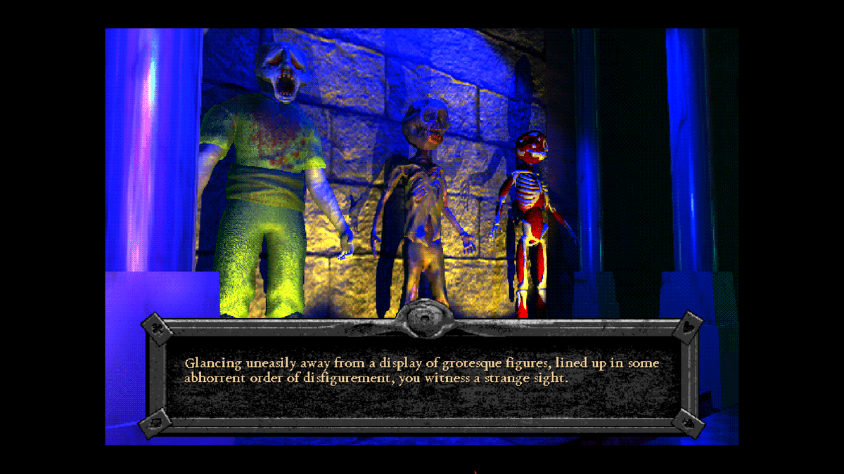 Three tortured figures stand against a wall in a scene in Forbidden Solitaire's The Discarded DLC.