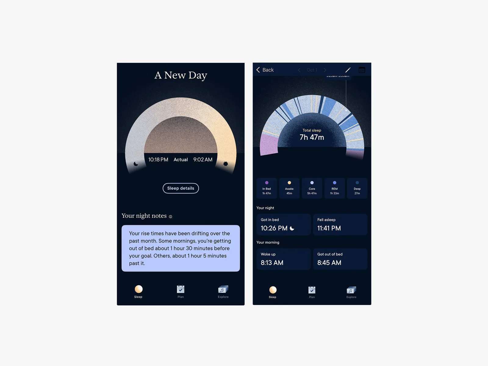 App screenshots showing someone's sleep details including time they went to sleep and woke up